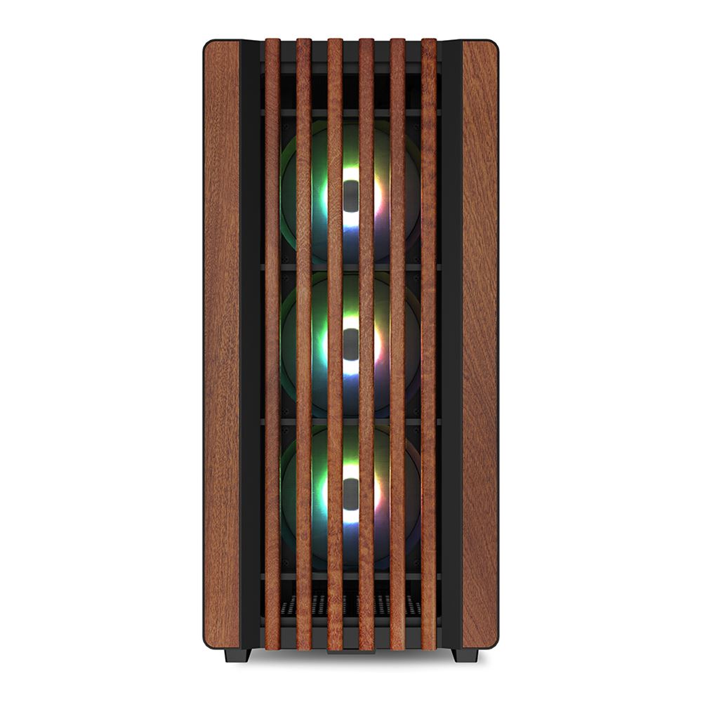Vista frontale del PC professionale CAD con tre ventole RGB dietro una griglia in legno. Ottimizzato per applicazioni di design e ingegneria. Vista frontale del PC professionale CAD con tre ventole RGB dietro una griglia in legno. Ottimizzato per applicazioni di design e ingegneria.
